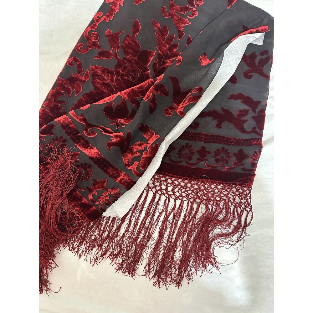 Velvet Burnout Scarf 100% Silk Fringe Square 41" Deep Red Romantic Alluring